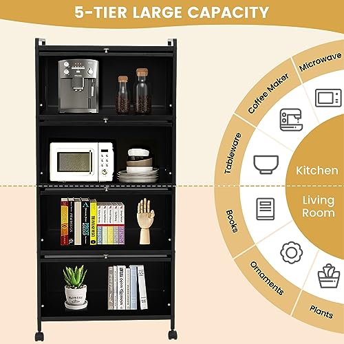 5-Tier Kitchen Storage Cabinet, Mobile Microwave Stand with Metal Frame, 4 Lockable Casters & Flip-up PC Doors, Freestanding Bakers Rack for Kitchen, Dining Room, Living Room (Black) - color: Black
