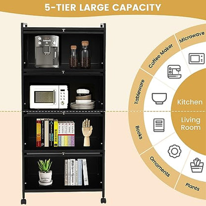 5-Tier Kitchen Storage Cabinet, Mobile Microwave Stand with Metal Frame, 4 Lockable Casters & Flip-up PC Doors, Freestanding Bakers Rack for Kitchen, Dining Room, Living Room (Black) - color: Black