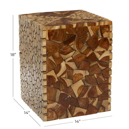 Deco 79 Teak Wood Handmade Side End Accent Table End Table with Mosaic Wood Chip Design, Side Table 14" x 14" x 18", Brown - color: Brown, size: 14" x 14" x 18.05"