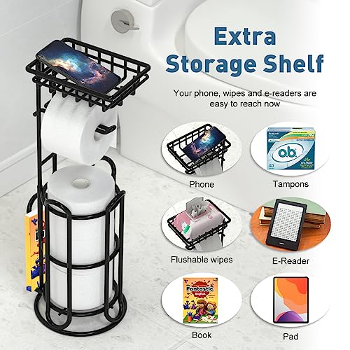 [Upgrade] Toilet Paper Holder Stand with Shelf Tissue Holders for Bathroom Free Standing Bath Tissue Roll Holder Magazine Rack for Mega Rolls/Phone/Wipe-Black - color: C-black