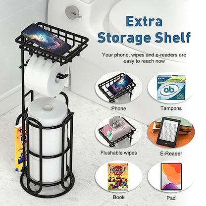 [Upgrade] Toilet Paper Holder Stand with Shelf Tissue Holders for Bathroom Free Standing Bath Tissue Roll Holder Magazine Rack for Mega Rolls/Phone/Wipe-Black - color: C-black