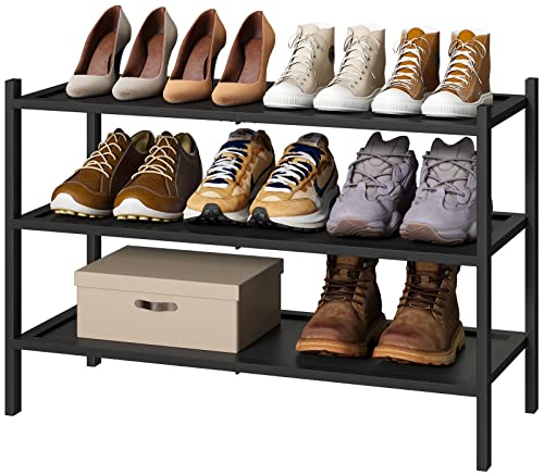 kiplant 3-Tier Black Bamboo Shoe Rack for Entryway, Stackable | Foldable | Natural, Shoe Organizer for Hallway Closet, Free Standing Shoe Racks for Indoor Outdoor - color: Black, size: 3-Tier
