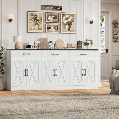 HOSTACK 71" W Kitchen Sideboard Buffet Cabinet with Storage, White/Black | Farmhouse Coffee Bar Cabinet with Wide Drawers, Large Buffet Table with Shelves, Long Kitchen Storage Cabinet for Dining Room - color: White/Black
