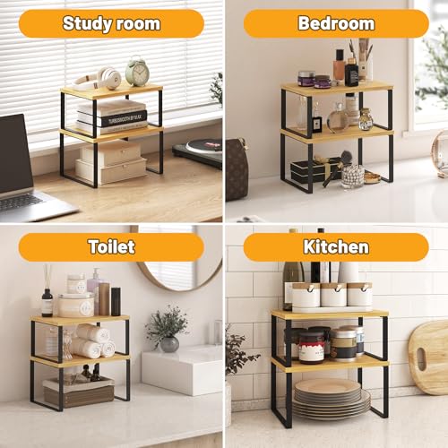 Kitchen Cabinet Organizer Shelf Set of 4, Sturdy Kitchen Counter Shelves with Metal Legs, Stackable Expandable Wood Spice Rack Pantry Cupboard Dish Mug Cup Storage Organizer Shelf,Black+Bamboo - color: Black+Bamboo