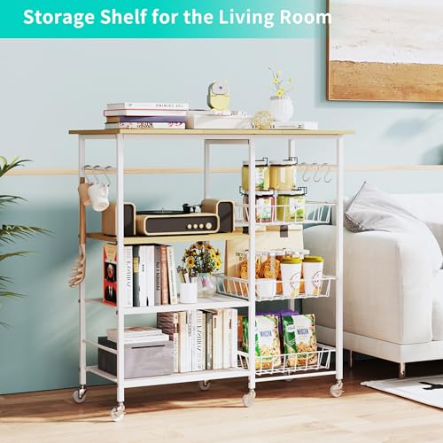 HapiRm Rolling Kitchen Microwave Cart - 4 Tier Microwave Table Stand with Pull-Out Baskets, Coffee Bar Baker's Rack with Wheels Rolling Storage Cart Organizer Shelf for Living Room Office, Balcony - color: White-xl