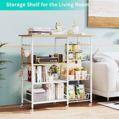 HapiRm Rolling Kitchen Microwave Cart - 4 Tier Microwave Table Stand with Pull-Out Baskets, Coffee Bar Baker's Rack with Wheels Rolling Storage Cart Organizer Shelf for Living Room Office, Balcony - color: White-xl