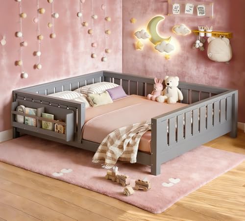 Bellemave Full Size Low Platform Bed with Rails, Full Wooden Montessori Bed Frame with Book Shelves, Space Saving, Easy Assemble(Full,Gray,Bookshelf) - color: Grey, size: Full-Bookshelf