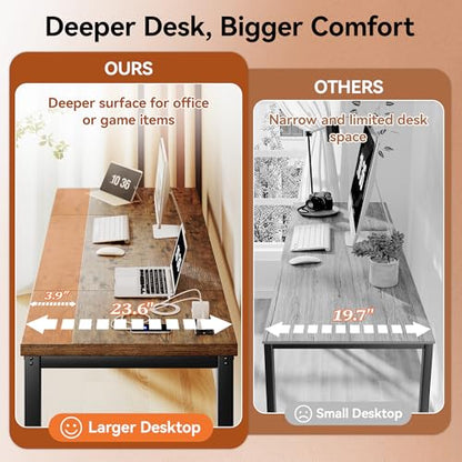 Computer Desk with Power Outlets, 63 Inch Large Home Office Desk with Deeper & Thicker Desktop Modern Gaming Desk Study Writing Work Desk, Metal Frame, Rustic Brown - size: 63 Inch