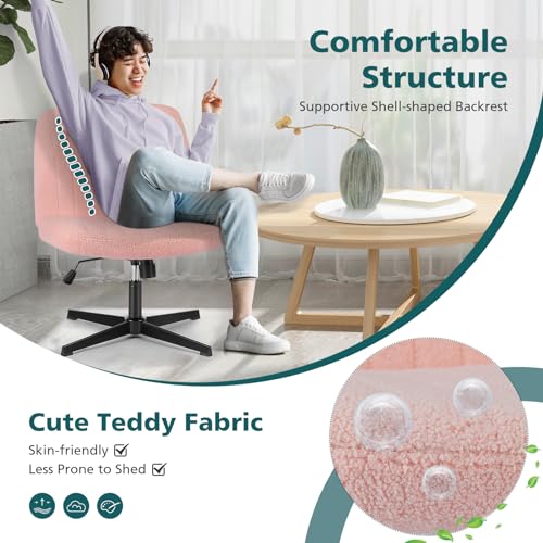 OLIXIS Criss Cross Chair, Vanity Chair, Home Office Desk | Cute Furry Teddy Fleece, Height Adjustable, Armless Wide Seating for Bedroom Student Study Room,Teddy Pink No Wheel - color: Teddy Pink
