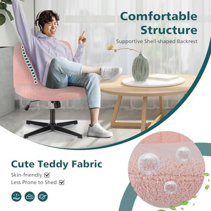 OLIXIS Criss Cross Chair, Vanity Chair, Home Office Desk | Cute Furry Teddy Fleece, Height Adjustable, Armless Wide Seating for Bedroom Student Study Room,Teddy Pink No Wheel - color: Teddy Pink
