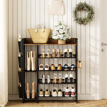 Brown 5-Tier Shoe Organizer - Free Standing Shoe Rack with Storage Bag for High Heels, Entryway, Hallways, Closets, Dormitory Rooms - size: 5 Tier with Side Bag