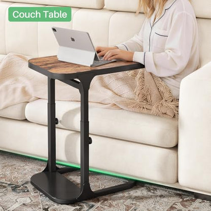 Kitstorack Ultra Stable & Durable End Table, Ajustable Height C Shaped Side Table for Couch, Sofa Side Table with Thickened Metal Frame for Living Room, Bedroom, Rustic - color: Brown