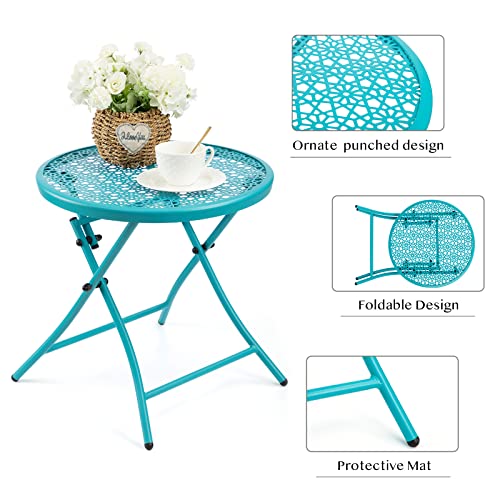 TeoKJ Folding Outdoor Side Tables, Anti Rust Small Patio Table Round Metal Nightstand with Flower Cutouts for Porch Yard Balcony Deck Lawn, Blue - color: Blue