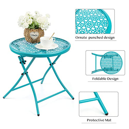 TeoKJ Folding Outdoor Side Tables, Anti Rust Small Patio Table Round Metal Nightstand with Flower Cutouts for Porch Yard Balcony Deck Lawn, Blue - color: Blue