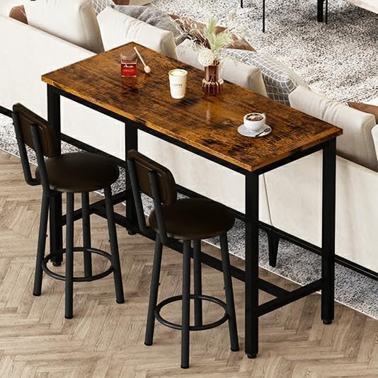 AWQM Bar Table Set of 2, Industrial Bar Table and Chairs Set of 2,3 Piece Bar Height Table with 2 Backrests Stools,Small Kitchen Table for 2,Small Space,Brown & Black - color: Rustic Brown & Black & Brown
