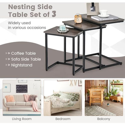 Tangkula Nesting Table Set of 3, Rectangle Stacking Side End Table w/Wood Top & Metal Legs, Adjustable Foot Pads, C-Shaped Accent Coffee Tables for Small Spaces, Living Room (C-Shaped, Gray, 3-pc) - color: Grey