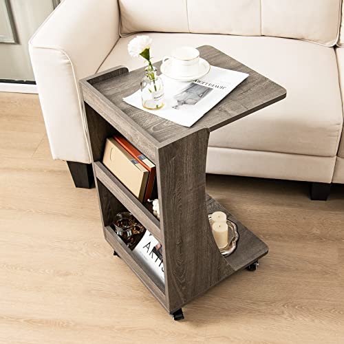Tangkula C-Shaped End Table, Small Sofa/Couch Side Table Snack Table with 3-Tier Back Compartment, Wheels with Brakes, Modern Rolling Nightstand for Living Room, Bedroom, Small Space (1, Grey)