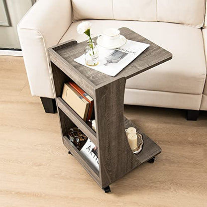 Tangkula C-Shaped End Table, Small Sofa/Couch Side Table Snack Table with 3-Tier Back Compartment, Wheels with Brakes, Modern Rolling Nightstand for Living Room, Bedroom, Small Space (1, Grey)