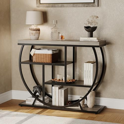 Garvee Entryway Table with Storage, Industrial 4-Tier Narrow Console Table Behind Couch with Half-Circle Base & Storage Shelves for Living Room, Hallway, Foyer - color: Grey