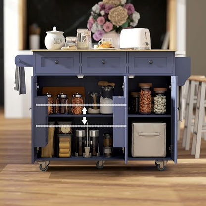 HOMCOM Rolling Kitchen Island with Power Outlet and Drop Leaf, 53" Island Table with Wood Top, 3 Drawers, Adjustable Shelf, Spice & Towel Rack, Kitchen Cart on Wheels, Dark Blue