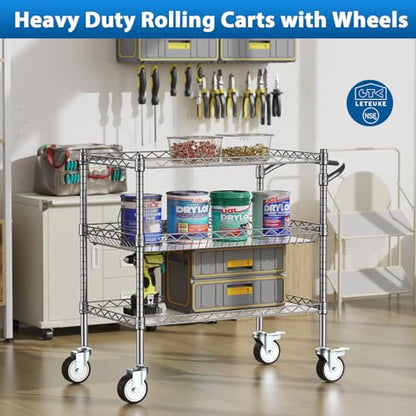 Leteuke 3 Tier Rolling Carts with Wheels, Heavy Duty Rolling Utility Cart | NSF Commercial Grade Metal Cart with Handle&Shelf Liner,Trolley Serving Cart for Kitchen,Restaurant,Plant Display,Chrome - color: Matte Chrome