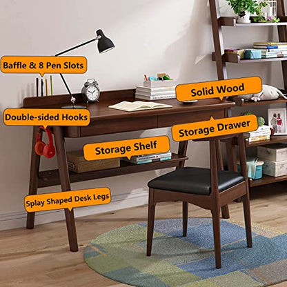 Ytaoka Solid Wood Writing Desk, 47" Mid-Century Modern Walnut Desk, Home Office Computer Desk with 2 Drawers and Storage Shelf, Laptop Desk, Study Table, Work Desk Station