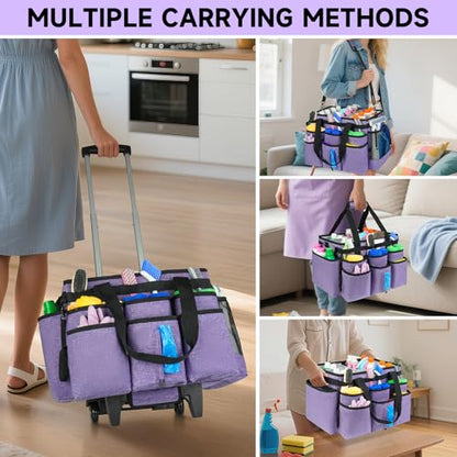Large Rolling Cleaning Caddy Bag with Detachable Trolley,Cleaning Cart on Wheels with Shoulder Strap,Cleaning Supplies Organizer for Housekeepers,Purple - color: Purple