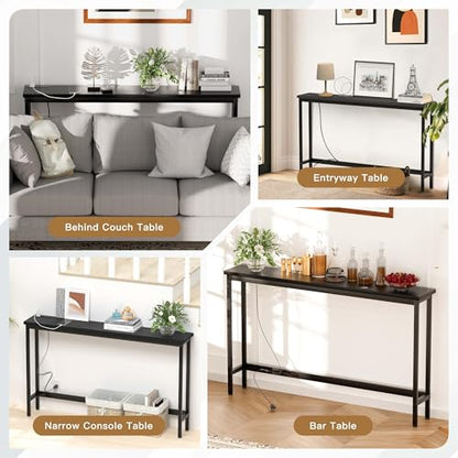 FAMIDGE Charging Console Table with Outlet 36 Inch Tall Narrow Sofa Table One-Piece Top Behind Couch Table 2 USB 2 AC for Entryway Hallway, Living Room, Black - color: Black