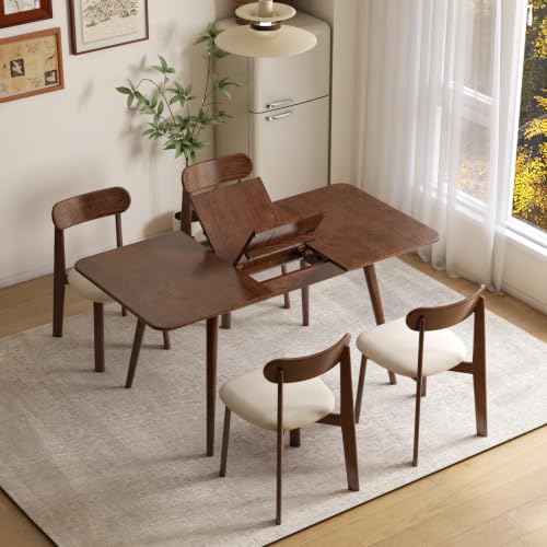 47’’-63’’ 100% Oak Extendable Dining Table and Chairs Set of 4, Solid Wood Folding Kitchen Table, Mid Century Modern Dinner Table for Kitchen, Apartment, Living Room (Walnut, 63''+4Chairs-HSB) - color: Walnut, size: 63''+4Chairs-HSB