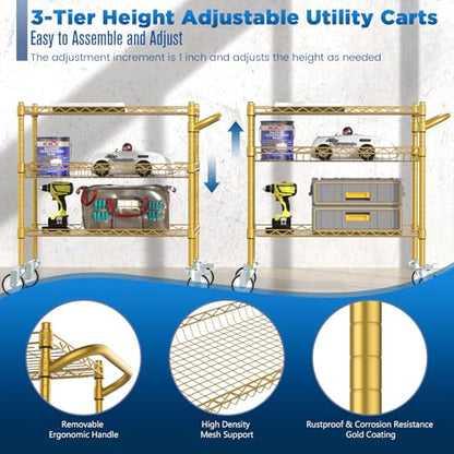 Leteuke 3 Tier Rolling Carts with Wheels, Heavy Duty Rolling Utility Cart | NSF Commercial Grade Metal Cart with Handle&Shelf Liner,Trolley Serving Cart for Kitchen,Restaurant,Plant Display,Gold - color: Gold
