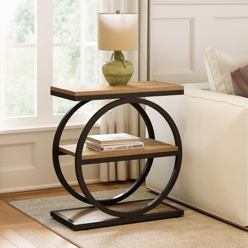LITTLE TREE End Table Set 2, Side Table with 3-Tier Storage Shelves, Small Sofa Side Table for Living Room, Wooden Side End Table with Double Round Metal Legs, Slim Nightstand and Bedside Table, Oak - color: Oak