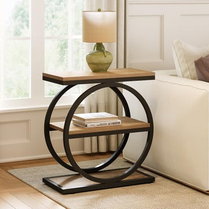 LITTLE TREE End Table Set 2, Side Table with 3-Tier Storage Shelves, Small Sofa Side Table for Living Room, Wooden Side End Table with Double Round Metal Legs, Slim Nightstand and Bedside Table, Oak - color: Oak