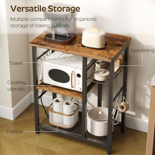 YATINEY Movable Bakers Rack, Microwave Stand with Charging Station, Kitchen Storage Rack with Hooks and Basket, Casters and Adjustable Feet, for Small Space, Kitchen, Dining Room, Rustic Brown HB04UBR - color: Rustic Brown + Black