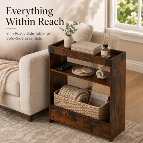 Farmhouse Narrow Side Table with Tray Top & Magazine Rack, Sofa Couch Side Table with Storage Shelf, Slim End Table for Small Spaces, Modern Nightstand for Bedroom, Living Room (Rustic Brown) - color: Rustic Brown