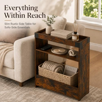 Farmhouse Narrow Side Table with Tray Top & Magazine Rack, Sofa Couch Side Table with Storage Shelf, Slim End Table for Small Spaces, Modern Nightstand for Bedroom, Living Room (Rustic Brown) - color: Rustic Brown