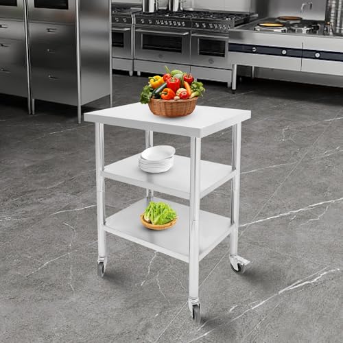 18"x24"x35" 3-Tier Industrial Work Table, Heavy Duty Stainless Steel Workstation with Adjustable Shelves, 350 lbs Top Load, 4 Swivel Casters and Leveling Feet for Restaurant or Home Use - size: 18 X 24 X 35 Inches