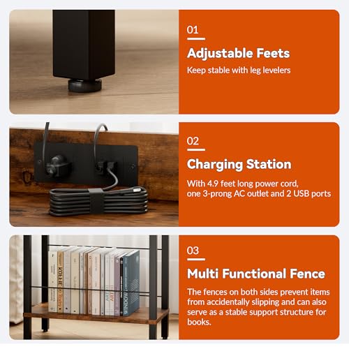 DGSANDGO Narrow Side Table (Rustic Brown) - Nightstand with Charging Station (2 USB + 1 AC Outlet), 3-Tier End Table for Balcony/Kid's Room/Bedroom - color: Rustic Brown, size: Drawer Wide-24.4"H 1 PC