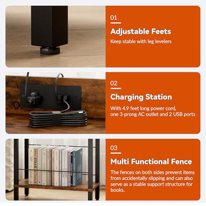DGSANDGO Narrow Side Table (Rustic Brown) - Nightstand with Charging Station (2 USB + 1 AC Outlet), 3-Tier End Table for Balcony/Kid's Room/Bedroom - color: Rustic Brown, size: Drawer Wide-24.4"H 1 PC