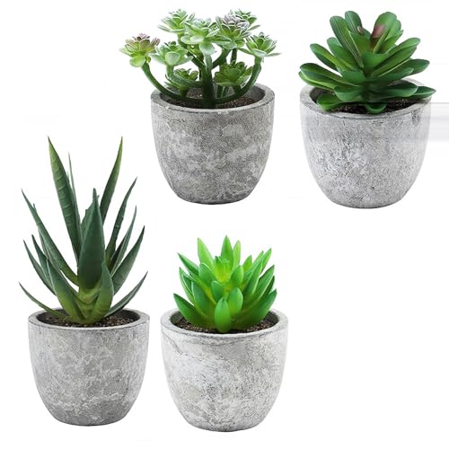 ABAJI Mini 4 Succulents Plants Artificial in Pots Fake Plants for Bedroom Aesthetic Living Room Shelf Bathroom Decor Office Desk Accessories - color: Green
