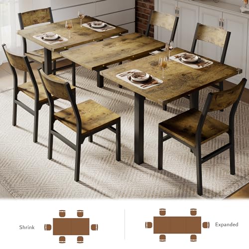 iPormis 7-Piece Dining Table & Chairs Set for 4-6, 63" Extendable Kitchen Table with 6 Chairs, Dining Room Table with MDF Board & Metal Frame, Perfect for Small Space,Easy Assembly, Rustic Brown - color: Rustic Brown