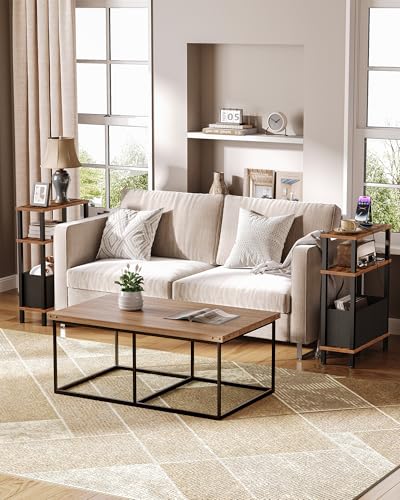 CHOEZON Narrow Side Table with Charging Station, Skinny End Table with Fabric Basket, Slim Nightstand for Small Spaces, Small Side Table, for Living Room, Bedroom, Rustic Brown and Black TBZ07UBF - color: Rustic Brown + Black