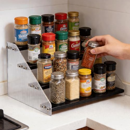Tiered Spice Rack Organizer for Countertop & Cabinet, 4-Tier 12in Kitchen Seasoning Storage Shelf, Space Saving Standing Spice Organizer, Wooden & Acrylic, Black - color: Black, size: 4-Tier 12in