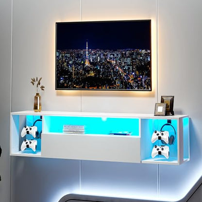 sogesfurniture 55' White TV Stand, Floating Entertainment Center with Lights, Modern Media Console with Storage, Wall Mounted LED TV Stand for Living Room - size: 55''-White