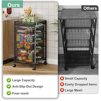 keomaisyto 5-Tier Kitchen Storage Cart with Top Basket & Drawers, Fruit and Vegetable Storage Rack on Wheels, Metal Rolling Cart with Drawers & Kitchen Organization for Snacks, Potatoes, Onions, Cans - size: 5-Tier