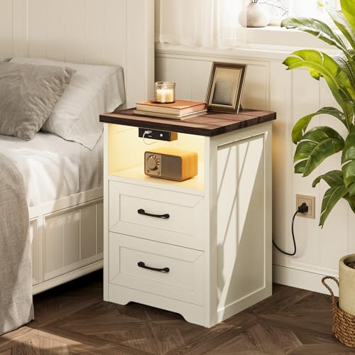 AODK Farmhouse Nightstand Set of 2, Bedside Tables with Charging Station & LED Lights, End Tables with Two Drawers and Open Storage, Rustic Bed Side Tables for Bedroom, Rustic White & Walnut - color: Rustic White & Dark Walnut