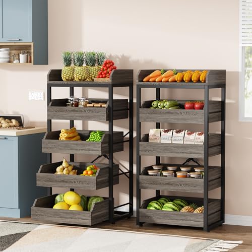 Tribesigns Wood Fruit and Vegetable Storage Rack Set of 2, 5-Tier Pull-Out Snack Stand Fruit Basket Stand, Utility Shelf Organizer for Kitchen, Living Room, Bedroom, Gray - color: Grey, size: 2