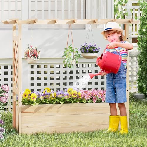 Giantex Raised Garden Bed with Sided Trellis & Hanging Roof, Wood Planter Box, Freestanding Garden Planter Raised Bed for Flowers Herbs Climbing Vines 45”x16”x41” (L x W x H) - color: Natural, size: 45”x16”x41”