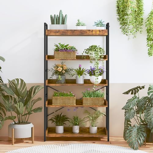 HCHQHS 5 Tier Bookshelf, Adjustable Industrial Bookcase, Vertical Tall Book Shelf, Wood and Black Metal Open Bookshelves for Home Office, Living Room, Bedroom - color: Rustic Brown, size: 5-Tier (31.5"W x 57"H)
