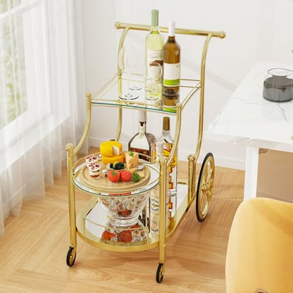 Tangkula Bar Cart, 3-Tier Rolling Home Bar Serving Cart with Mirrored Shelves & 4 Wheels, Mobile Beverage & Wine Cart for Kitchen, Dining Room, Living Room (Gold) - color: Gold