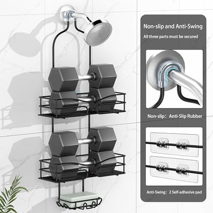 DAOYA Bathroom Shower Caddy Hanging - 3-Tier Organizer with Soap Holder & 6 Hooks for Towels, Sponge; Fits 21mm Shower Head Arm, Black - color: Matte Black